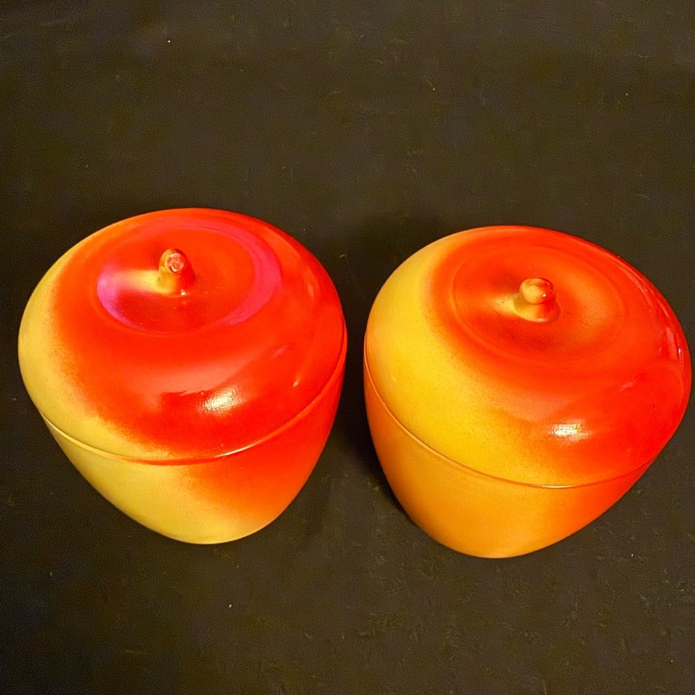 Vintage Hazel Atlas milk glass apple-shaped Ceramic Jars.  #09